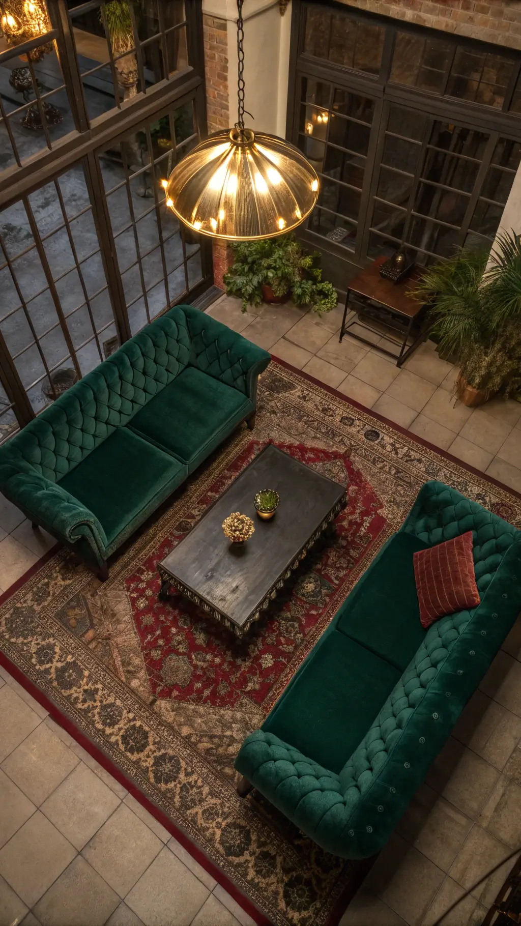 Bird's eye view of a Victorian-inspired sitting area with emerald velvet sofas, a worn black coffee table, faded burgundy Aubusson rug, and a brass pendant light at dusk.