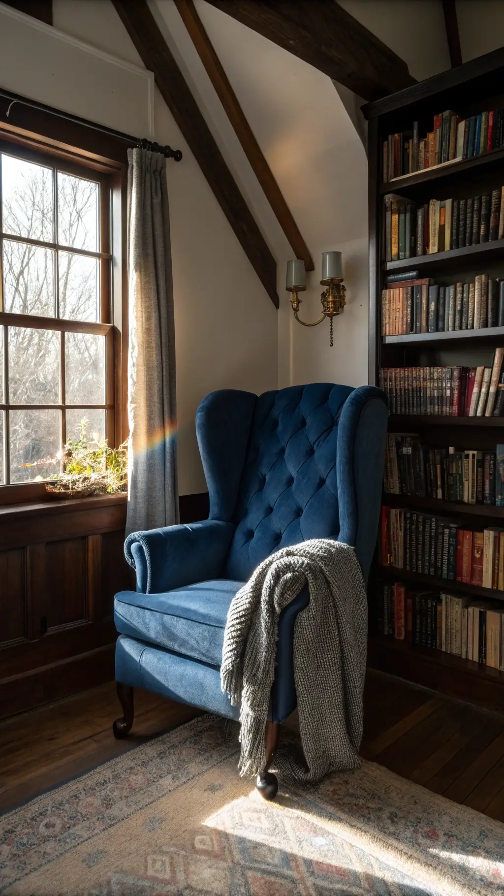 Inviting Victorian reading nook with a midnight blue velvet wingback chair, towering bookshelves, antique brass sconces, and colorful light reflections from crystal prisms in the afternoon sun.