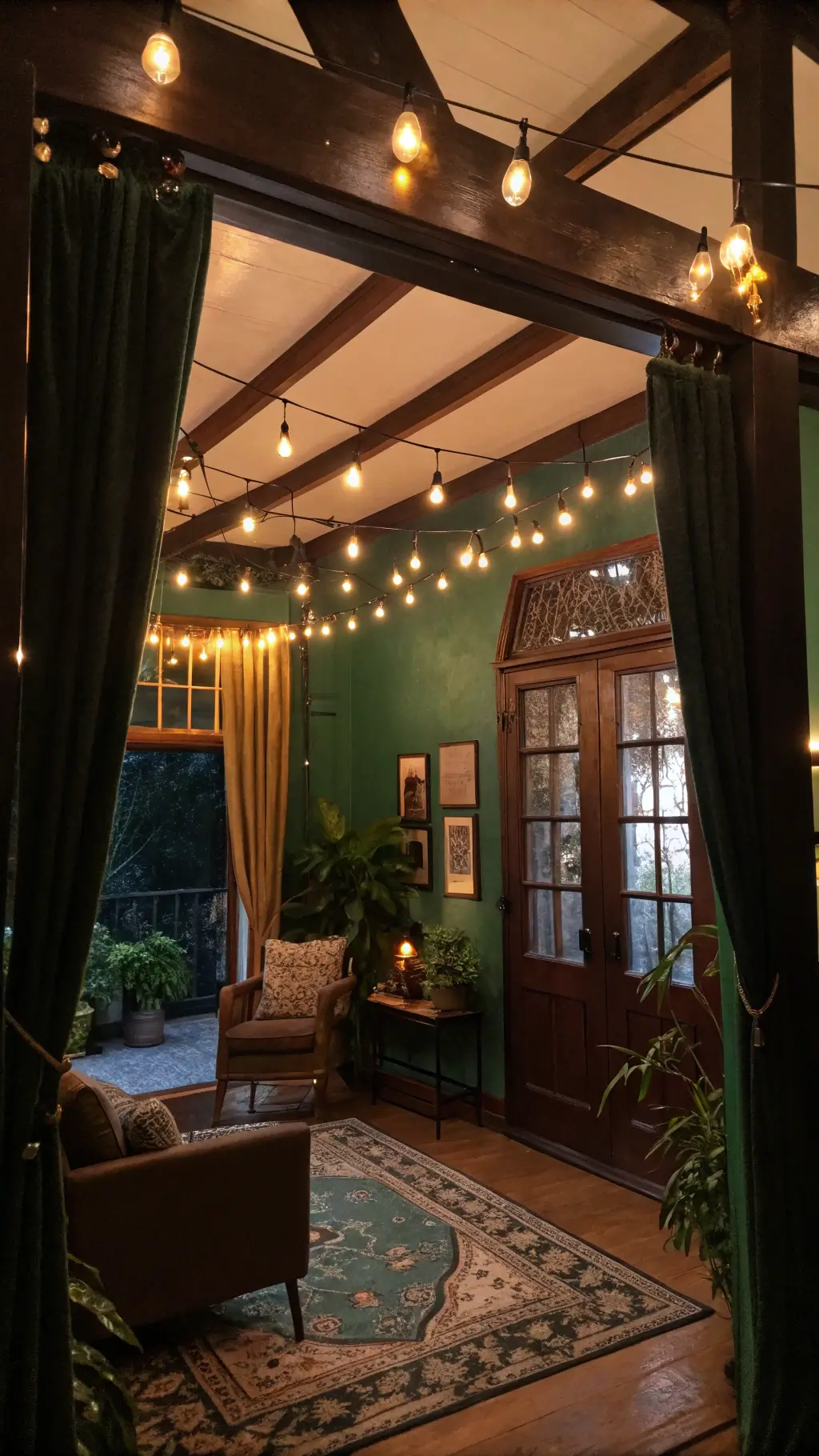 A twilight living room scene featuring warm amber string lights, dark green walls, velvet drapes, brass accents, and silhouetted houseplants.