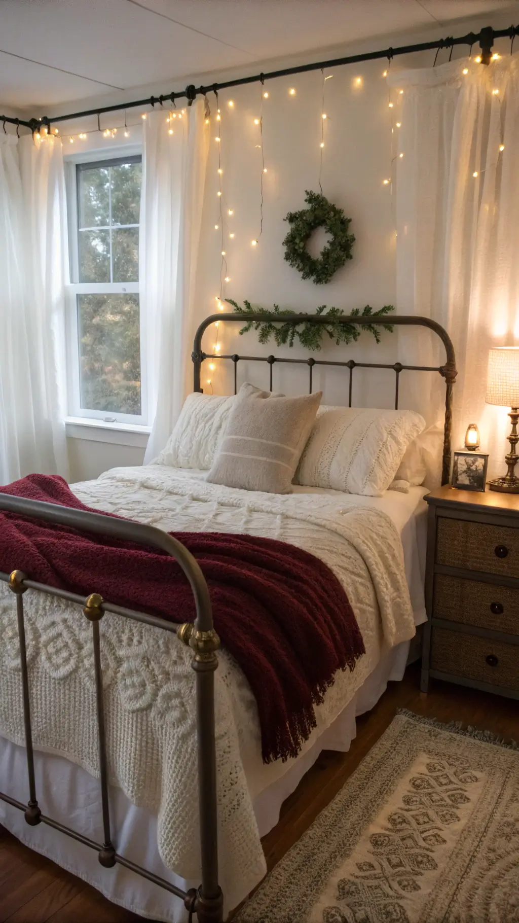 Christmas decor with forest green, cranberry red, and natural wood accents