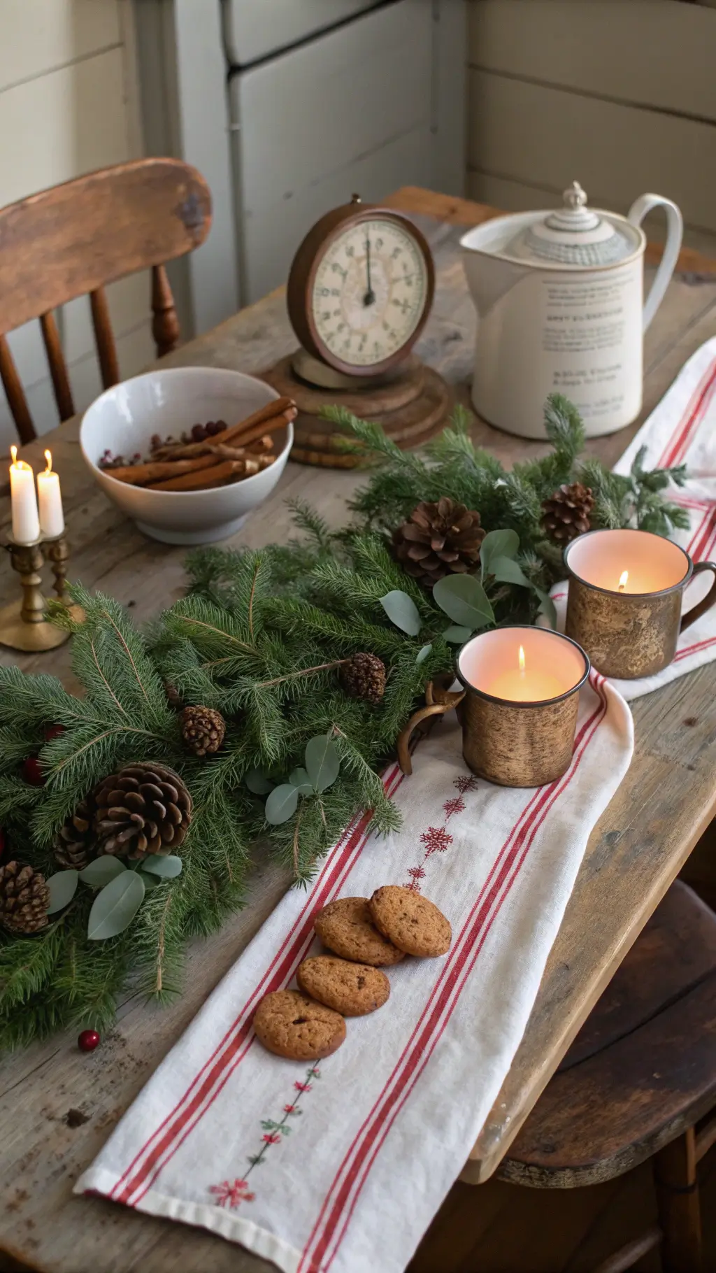 Natural Christmas decorations including pinecones and wooden ornaments