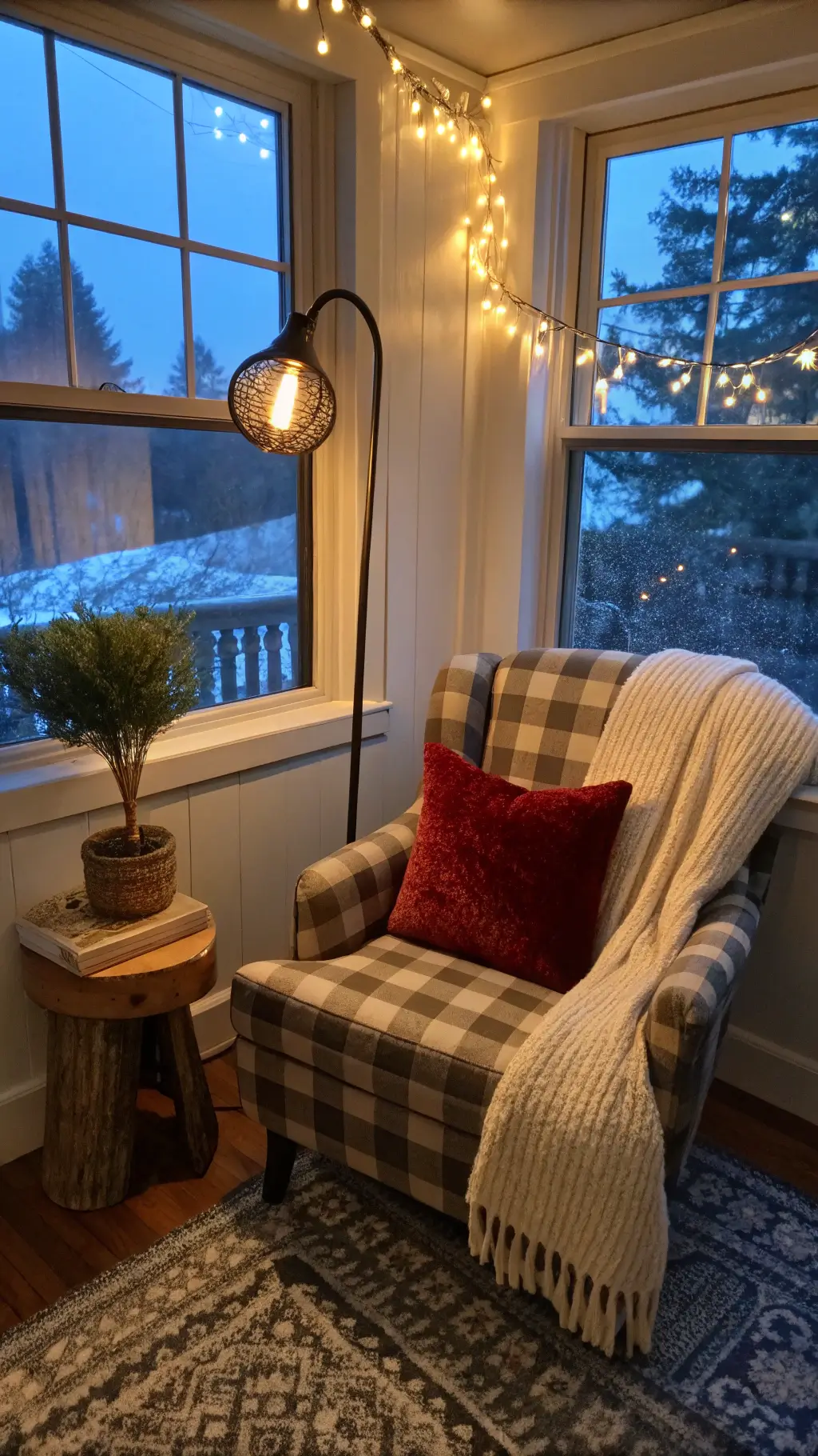 Photograph of a cozy Christmas cabin scene with warm lighting