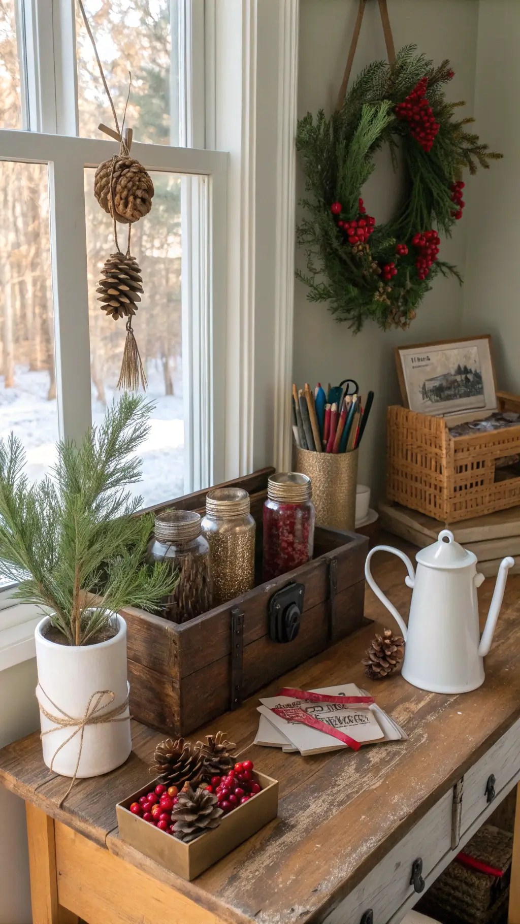 Snowy window view from a cozy cabin decorated for Christmas