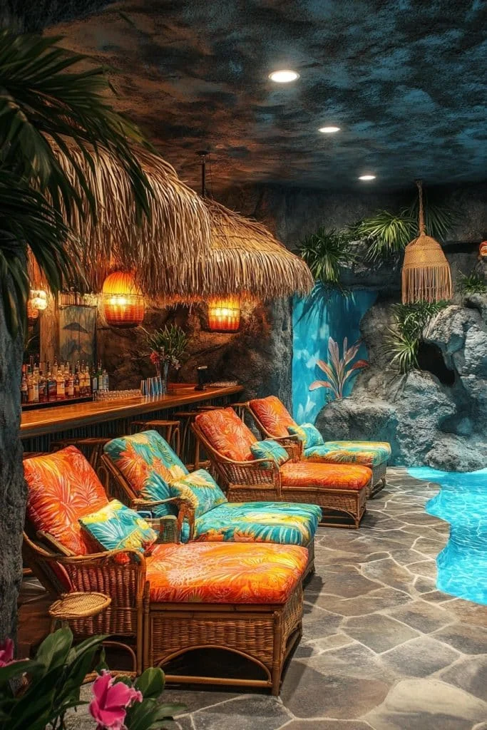 Tropical-Themed Basement Bar