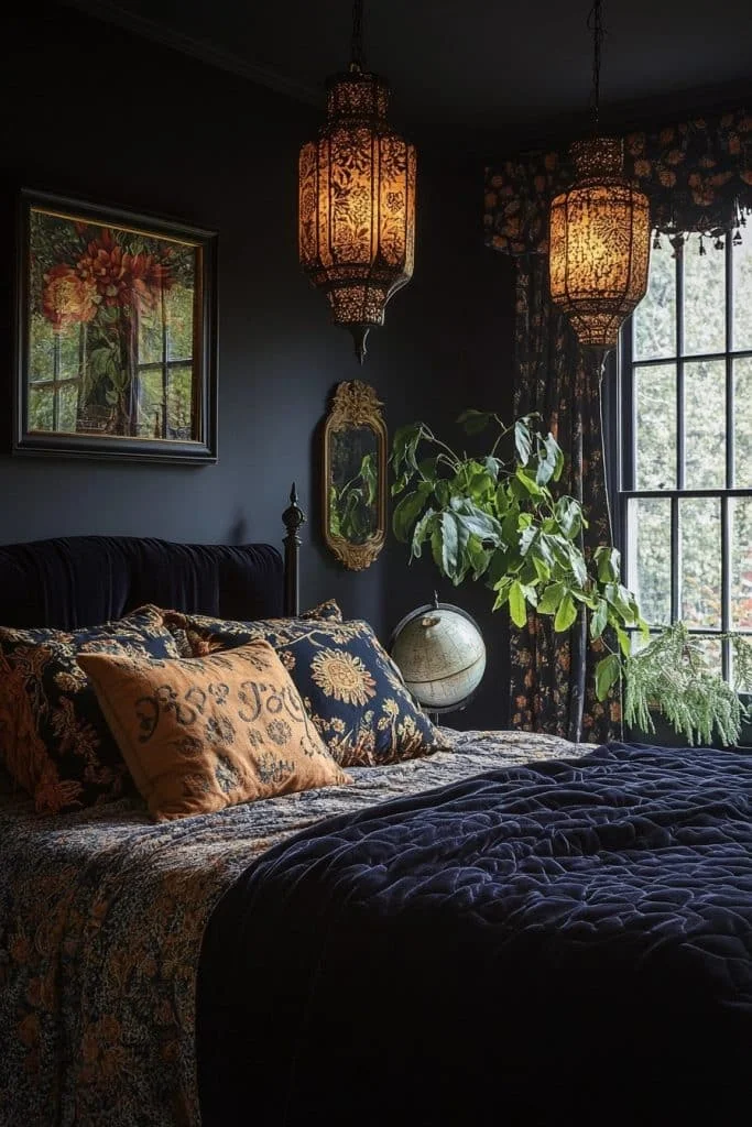 Celestial Black: Boho Bedroom with Cosmic Flair