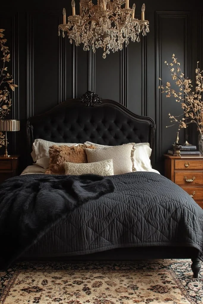 Refined Noir: Elegant Boho Bedroom