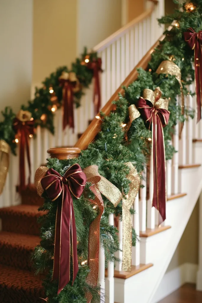 Festive staircase garland with deep red and gold ribbon accents