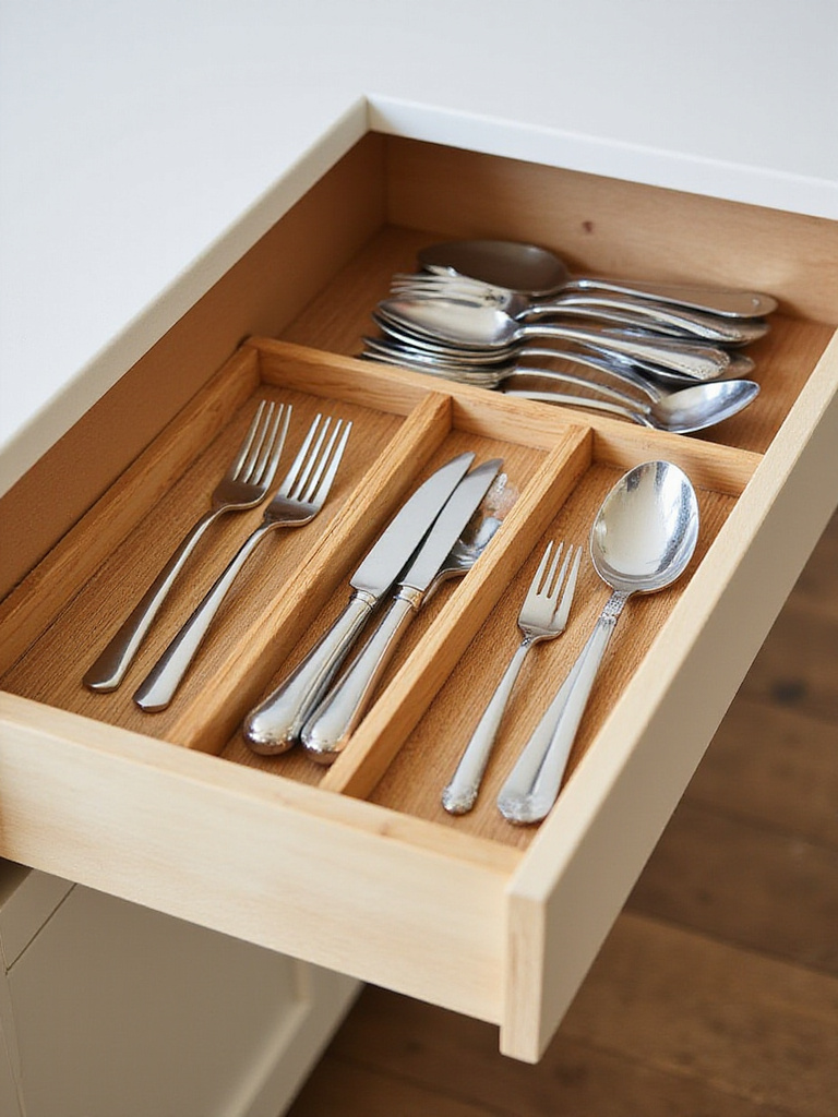 Organized kitchen island drawer with bamboo dividers holding utensils and cutlery