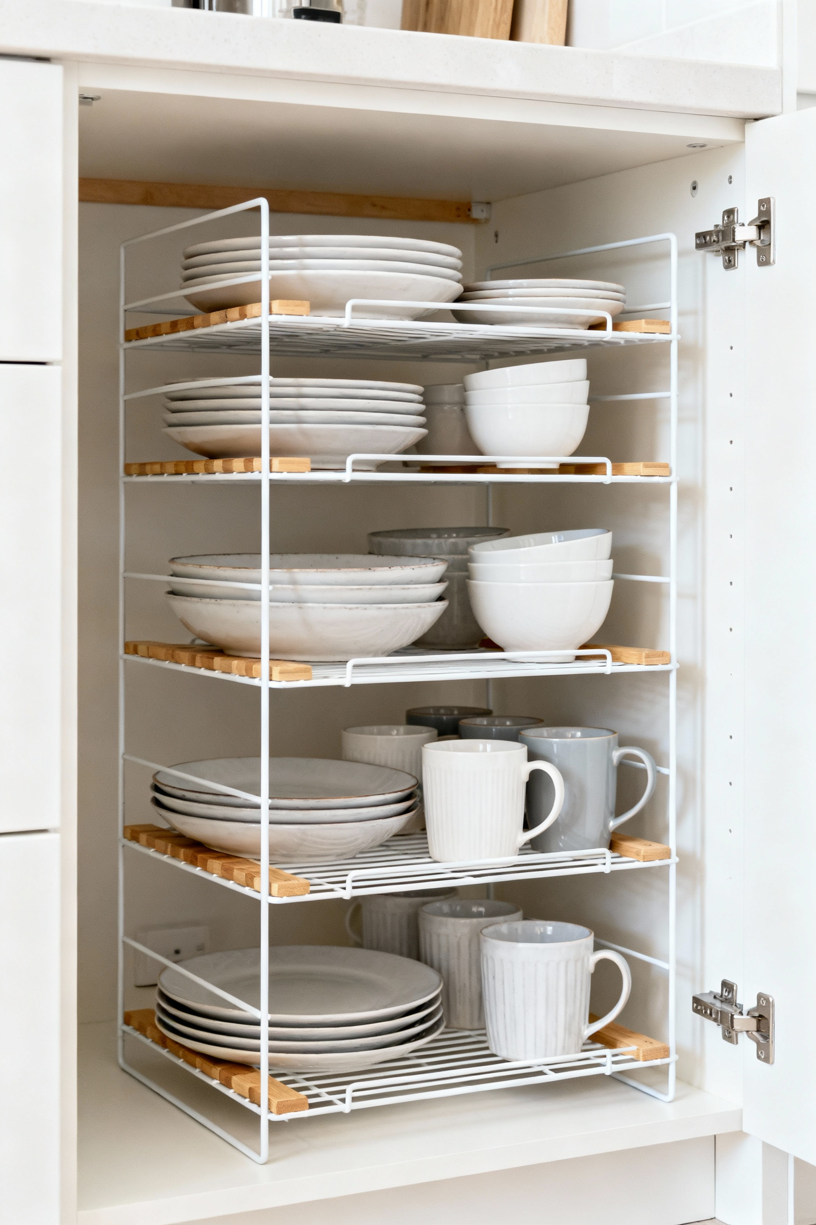 Modern kitchen cabinet organized with white stackable shelves and bamboo risers, efficiently utilizing vertical space for plates, bowls, and mugs under bright natural light.
