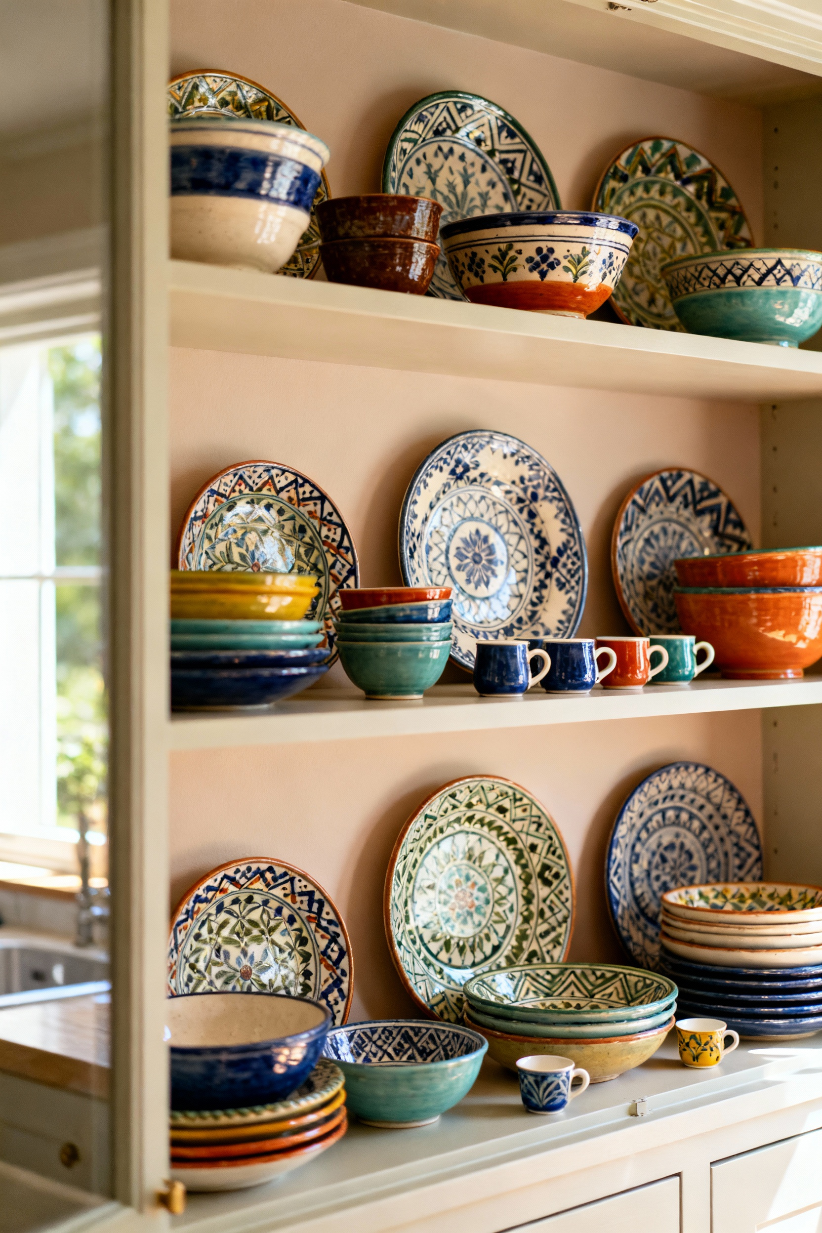 Vibrant patterned ceramic plates and bowls artfully arranged on open kitchen shelves, adding personality and color to the space.