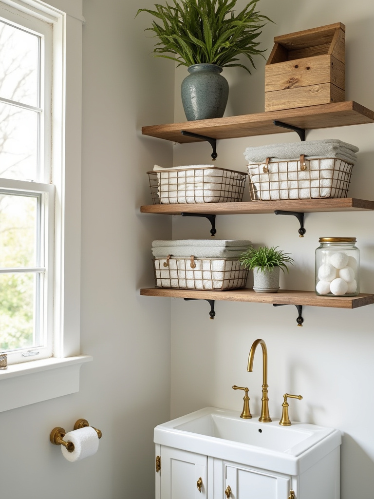 Portrait of farmhouse bathroom storage with wire baskets, wooden crates, and open shelving