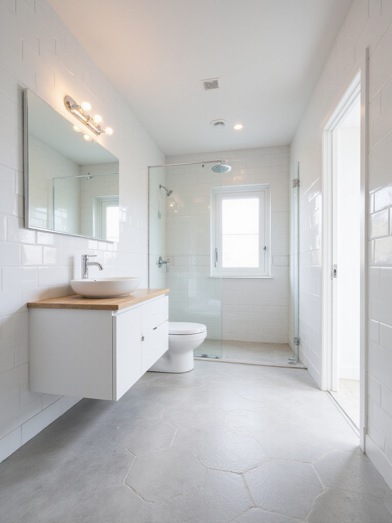 Small bathroom with bright white tiles, light gray flooring, a pale wood vanity, and a large mirror enhancing spaciousness.