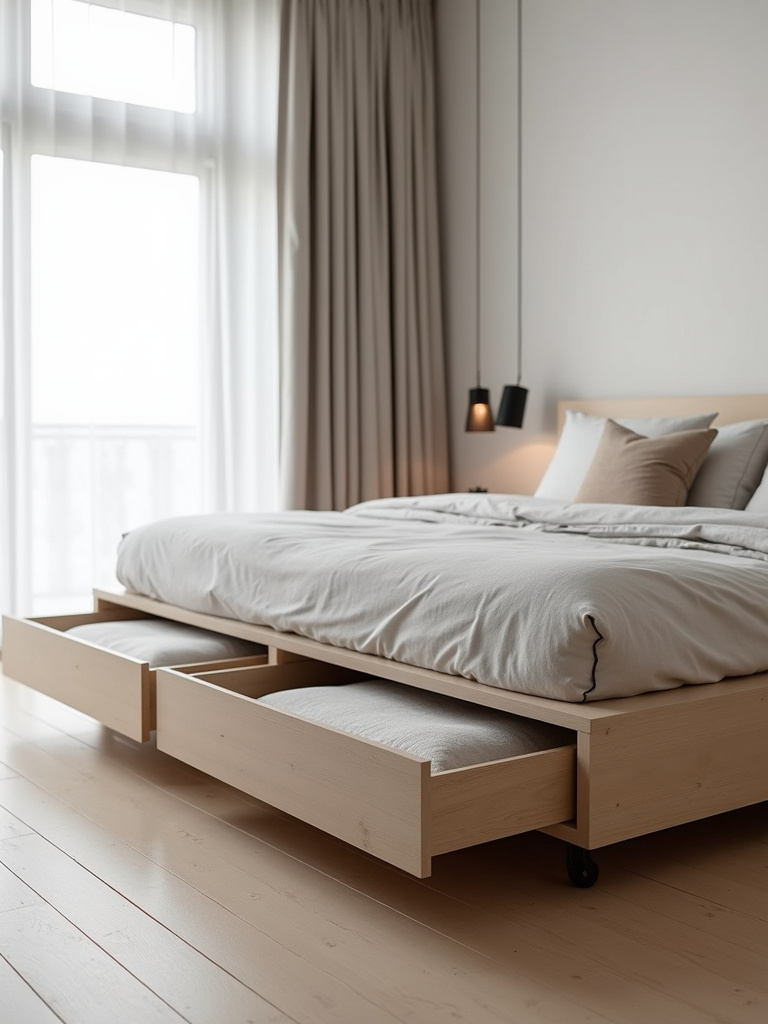 Minimalist bedroom with light wood platform bed featuring storage drawers slightly open, revealing linens. Natural light highlights neutral tones and clean furniture lines.