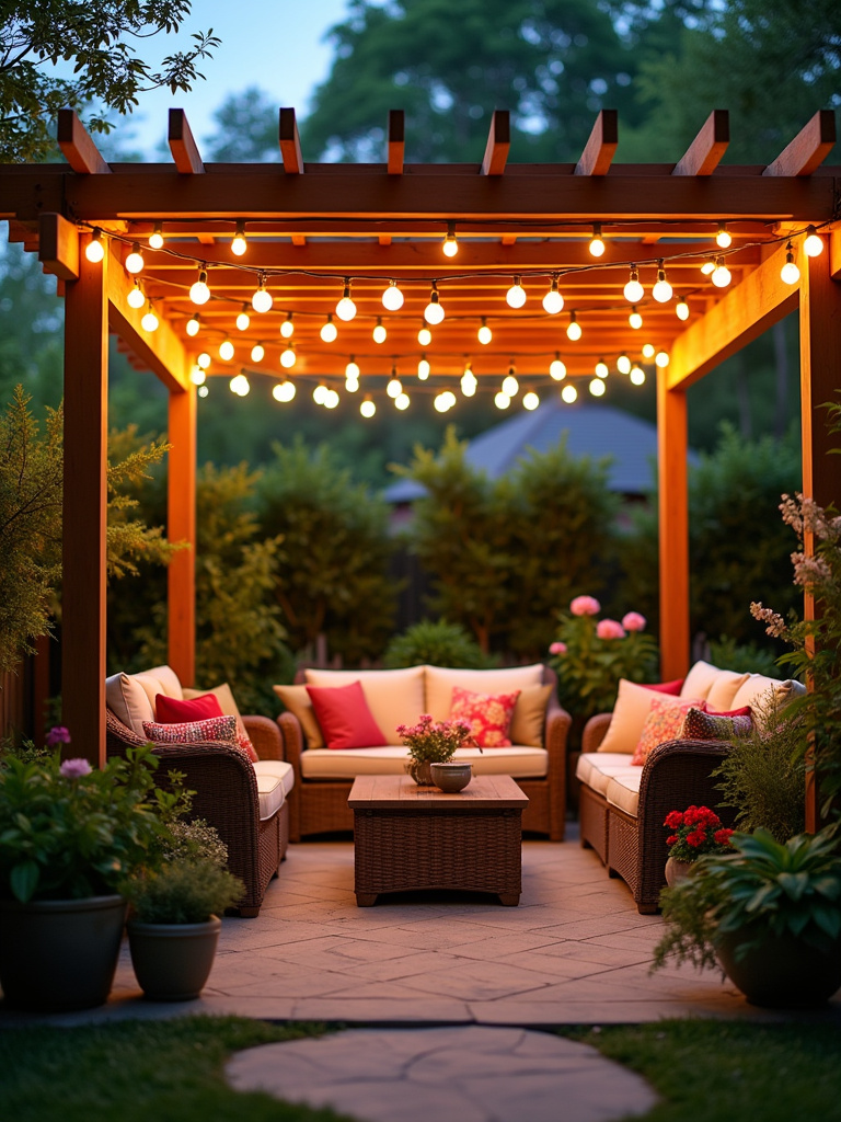 Backyard patio with string lights draped across a pergola, creating a cozy and inviting outdoor space.