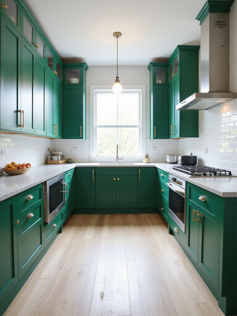 Kitchen featuring rich teal lower cabinets paired with light countertops and stainless steel appliances, bathed in natural light.