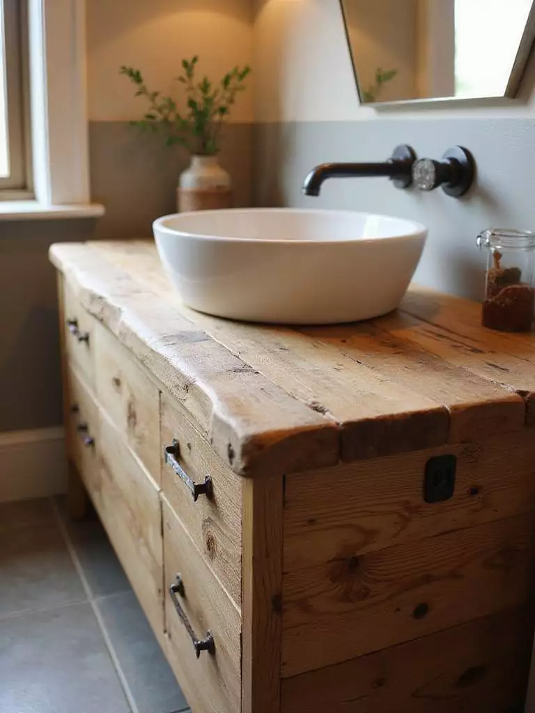 Rustic bathroom vanity made from reclaimed wood with a white vessel sink.
