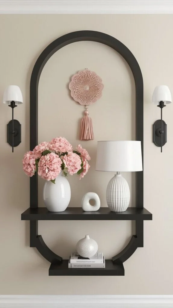 A chic black arched wall shelf with two levels, adorned with pink flowers in a white vase, a white lamp, and a pink decorative piece at the top, flanked by two white wall sconces.