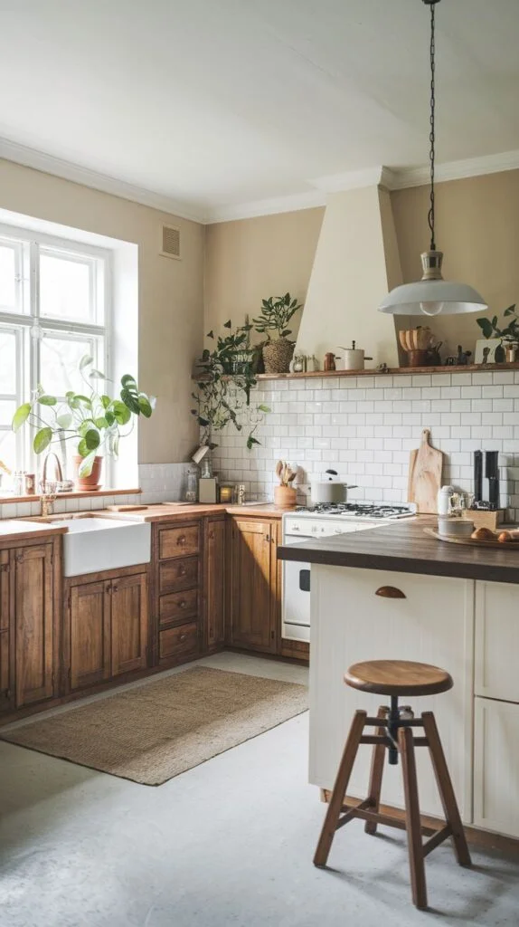 Scandinavian kitchen with warm wooden base cabinets, white farmhouse sink under a large window, open shelving with plants, and a light-colored island with wooden stool.