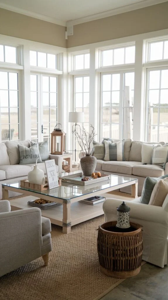 Beach farmhouse living room with light beige sectional sofas, glass-top coffee table, large multi-pane windows, and natural fiber rug