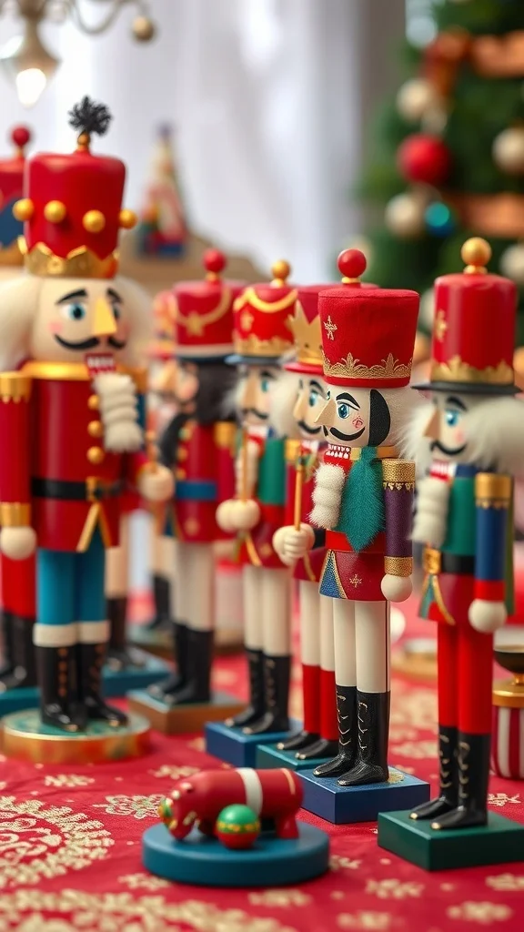 50 Charming Vintage Christmas Decor Ideas to Transform Your Home A vibrant display of nutcracker figurines on a festive table, embodying vintage Christmas decor.