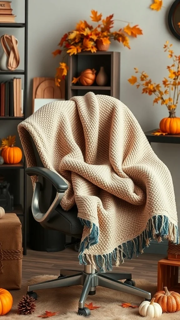 Office chair draped with a chunky knit throw blanket surrounded by autumn decor