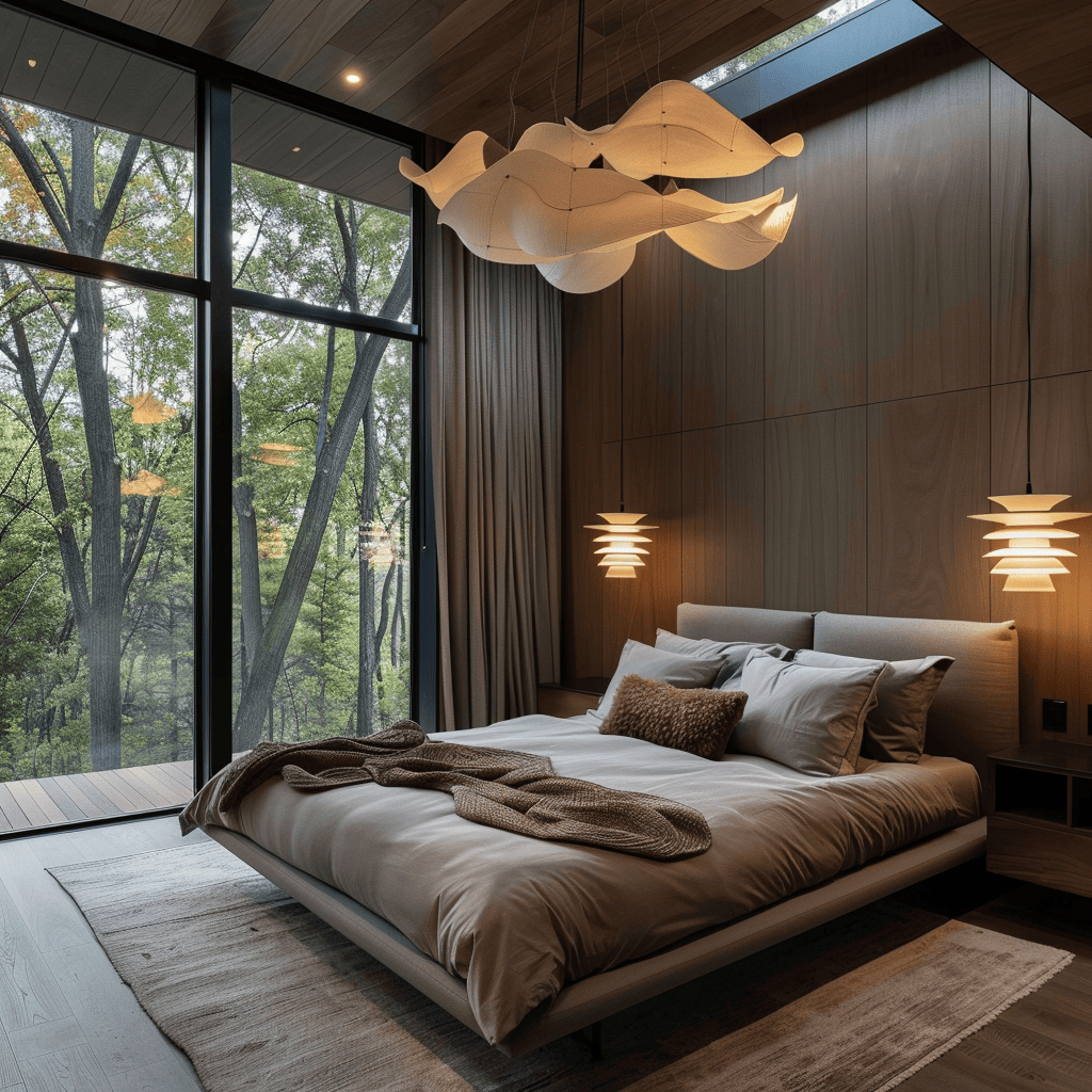 Modern bedroom with expansive windows and layered lighting
