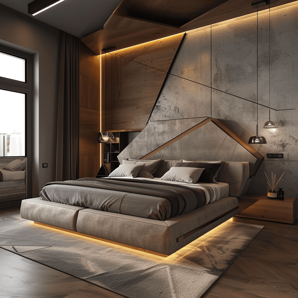 Bedroom featuring geometric furniture and sleek design elements