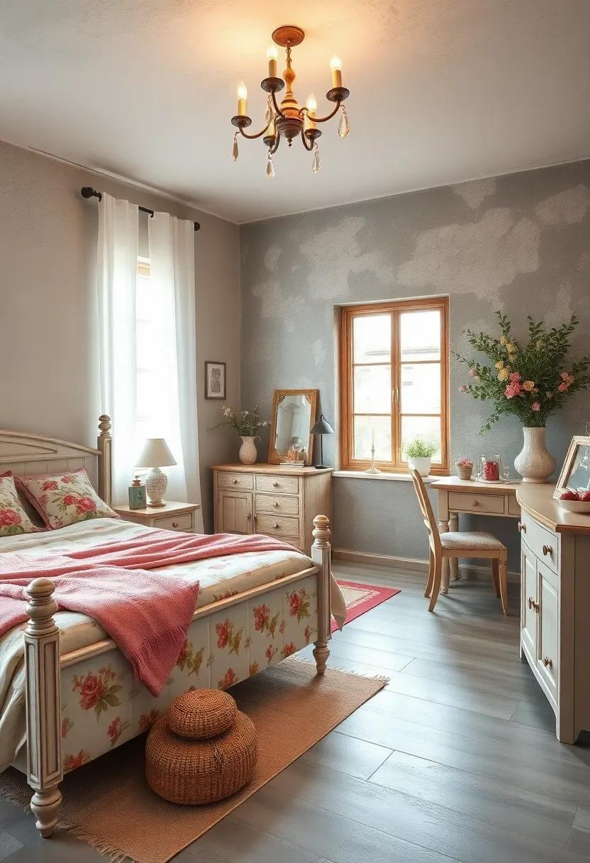 Cozy Charm: Shabby Chic Bedroom with Distressed Furniture and Floral Prints