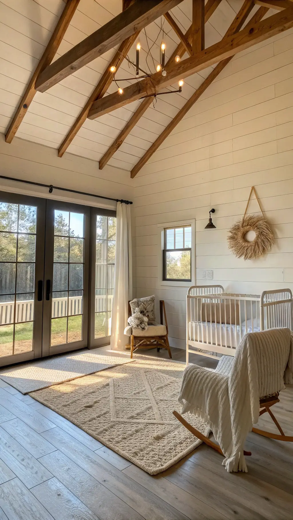 rustic nursery in a barndominium with exposed wooden beams, whitewashed walls, vintage iron crib, rocking chair, and natural light from large windows during golden hour