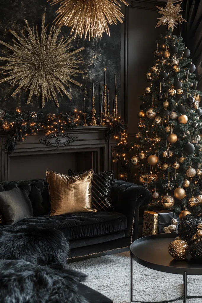 Luxurious living space with emerald green, black, and gold Christmas decor