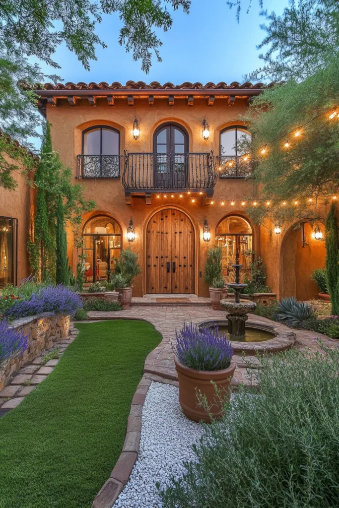 Contemporary Spanish-style house with arched windows, terracotta roof, and lush landscaping
