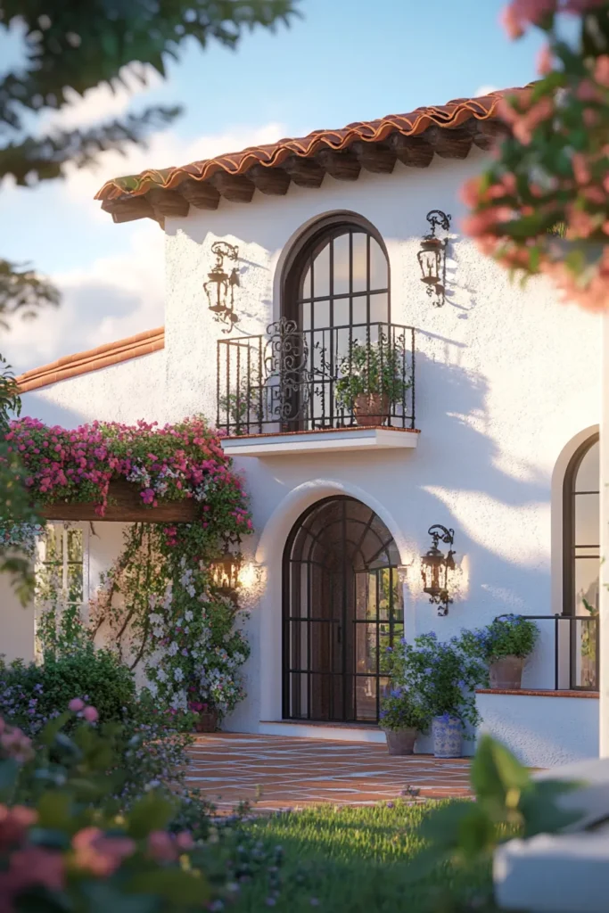 Sunlit patio with tiled floor, arched doorway, and potted olive tree in Spanish-style home
