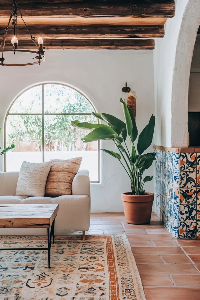 Bathroom floor featuring traditional Spanish tile design in a modern Mediterranean home
