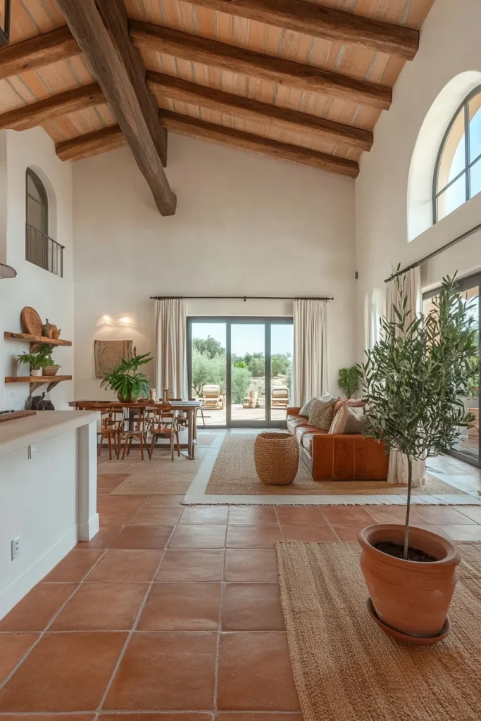 Minimalist Spanish-inspired interior with earth tones, woven textures, and coastal views