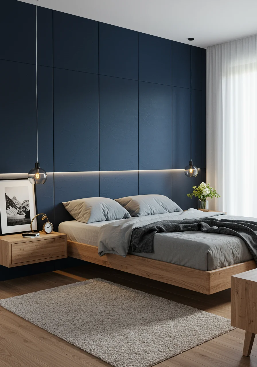Navy blue textured bed back wall with LED lighting, platform bed, and oak nightstand