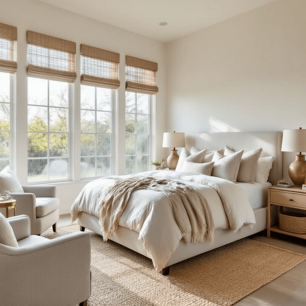 Tranquil master bedroom with a king-sized upholstered bed in oatmeal linen, soft white walls, light gray accent chairs, and a natural jute rug bathed in morning sunlight through expansive windows.