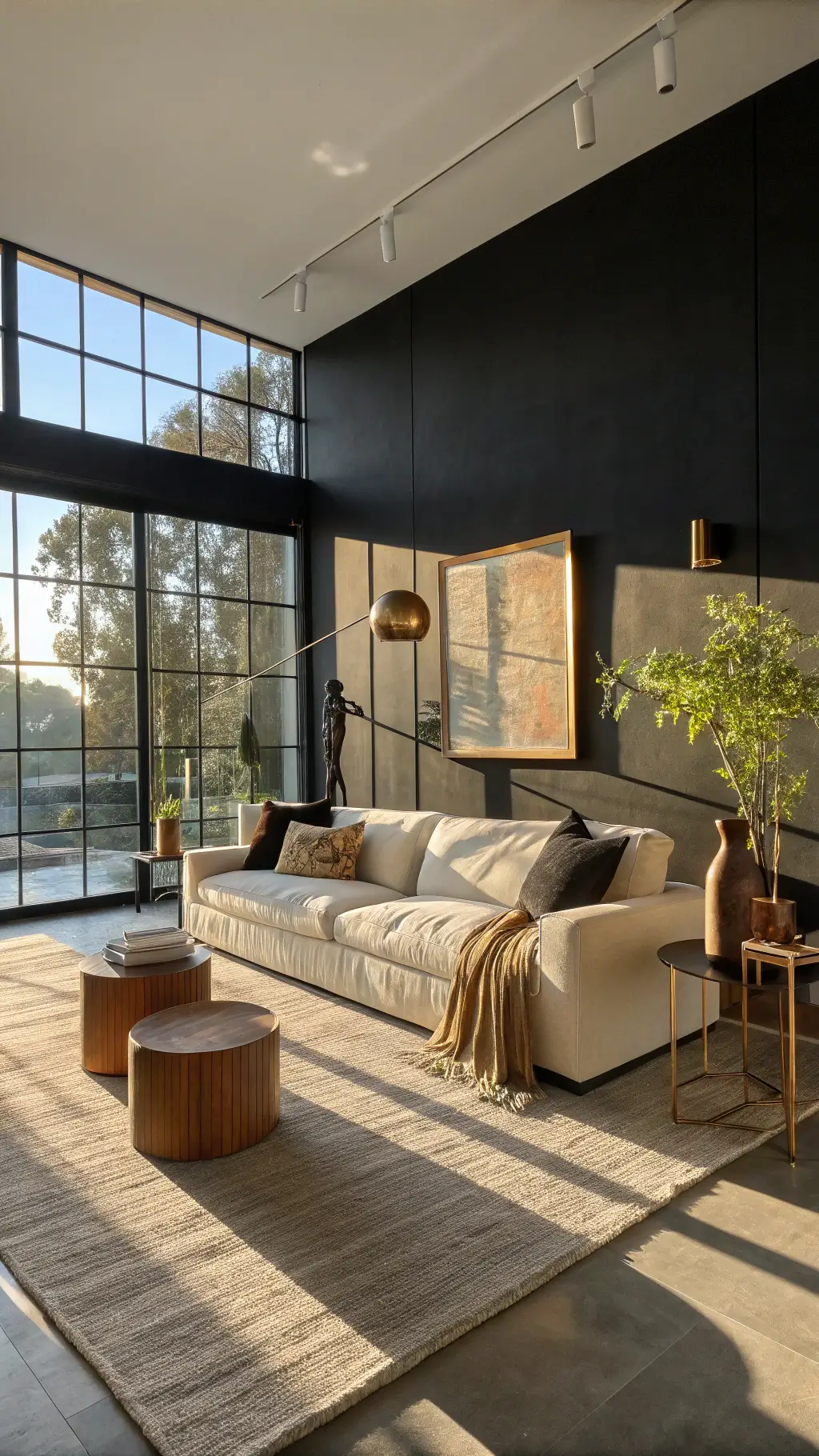 Living room featuring a dramatic black accent wall with elegant furnishings