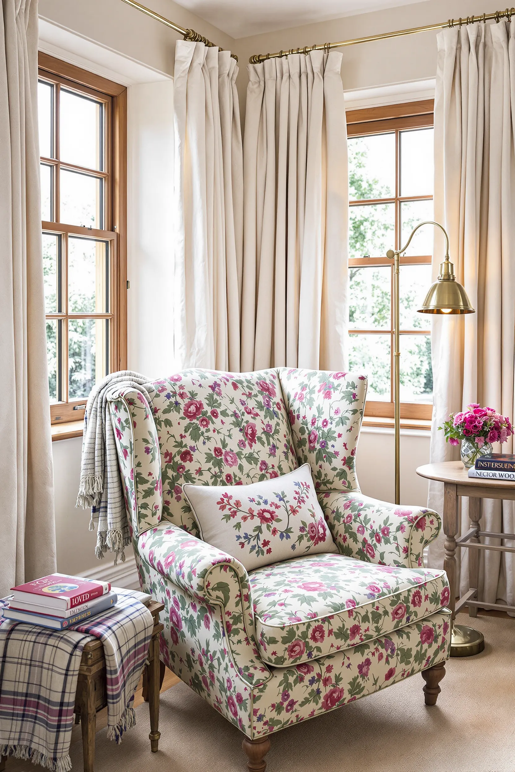 classic reading nook with wingback chair, window light, side table, and decorative cushions
