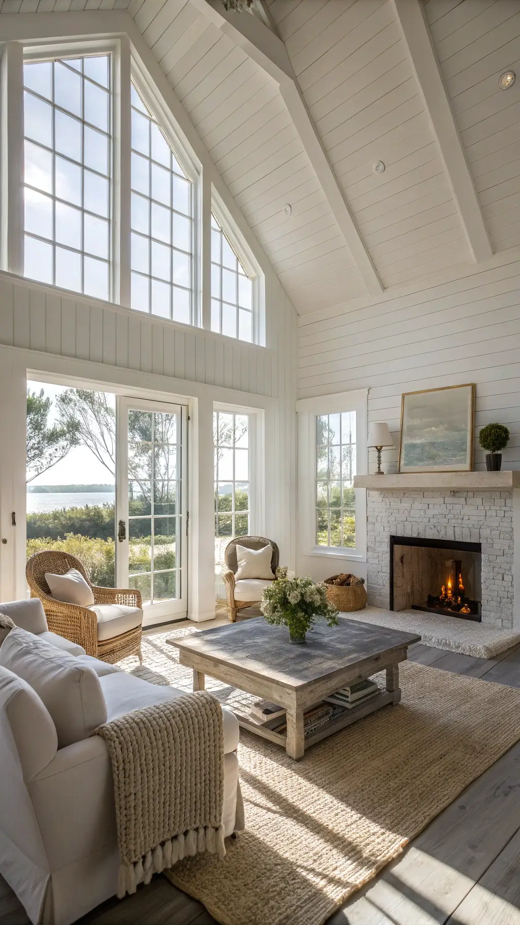 Sunlit coastal farmhouse living room with white shiplap walls, sectional sofa, rattan chairs, driftwood coffee table, and natural jute rug