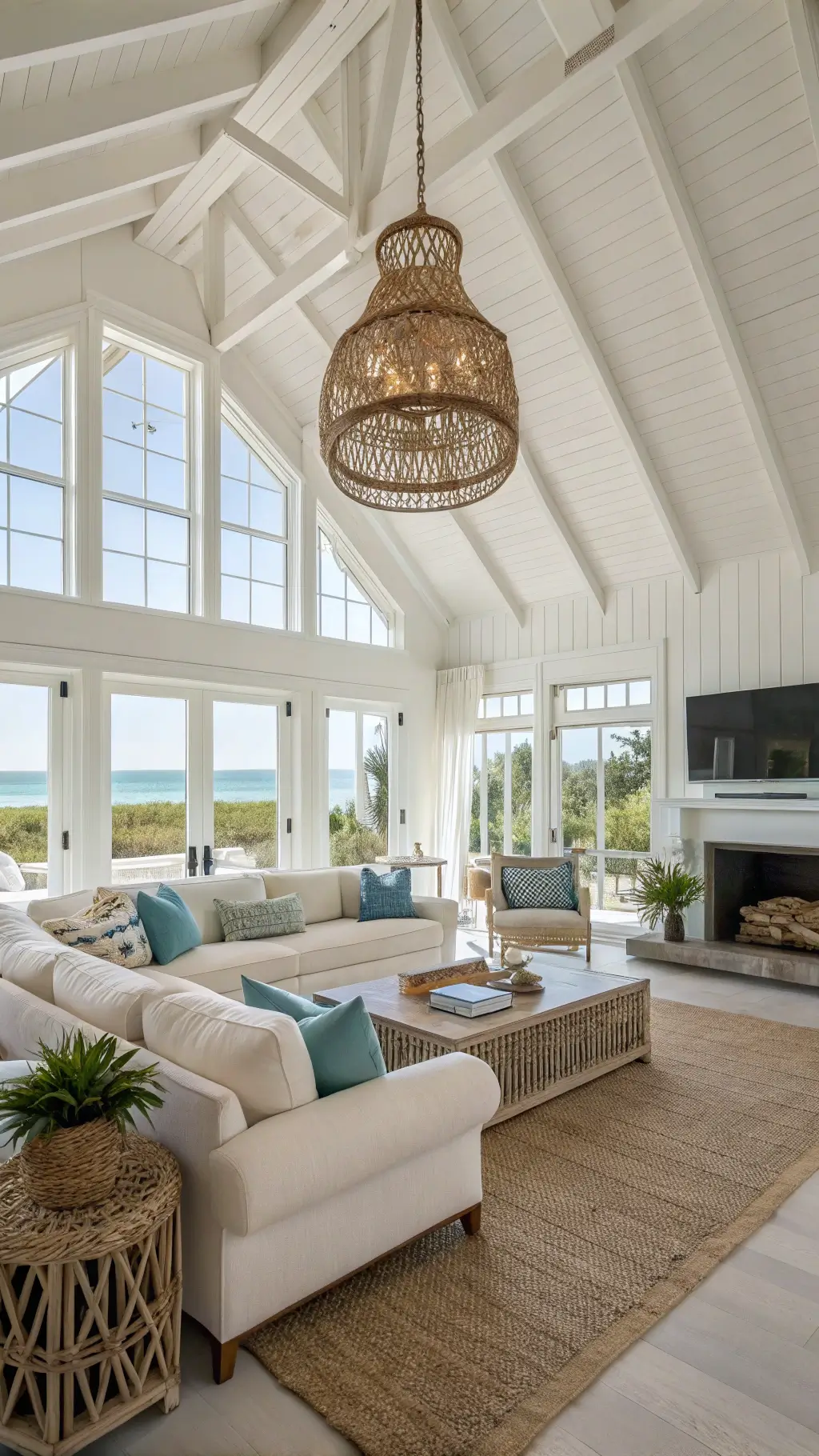 Coastal Lighting: Serene Living Room with Natural Elements