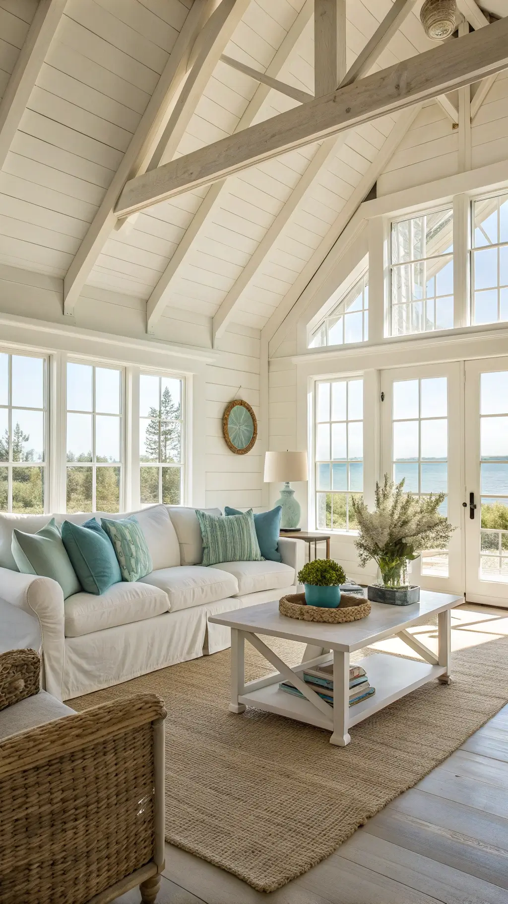 coastal living room with vaulted ceilings, white wooden beams, floor-to-ceiling windows, ivory sofa, rattan chairs, whitewashed oak coffee table, and natural jute rug