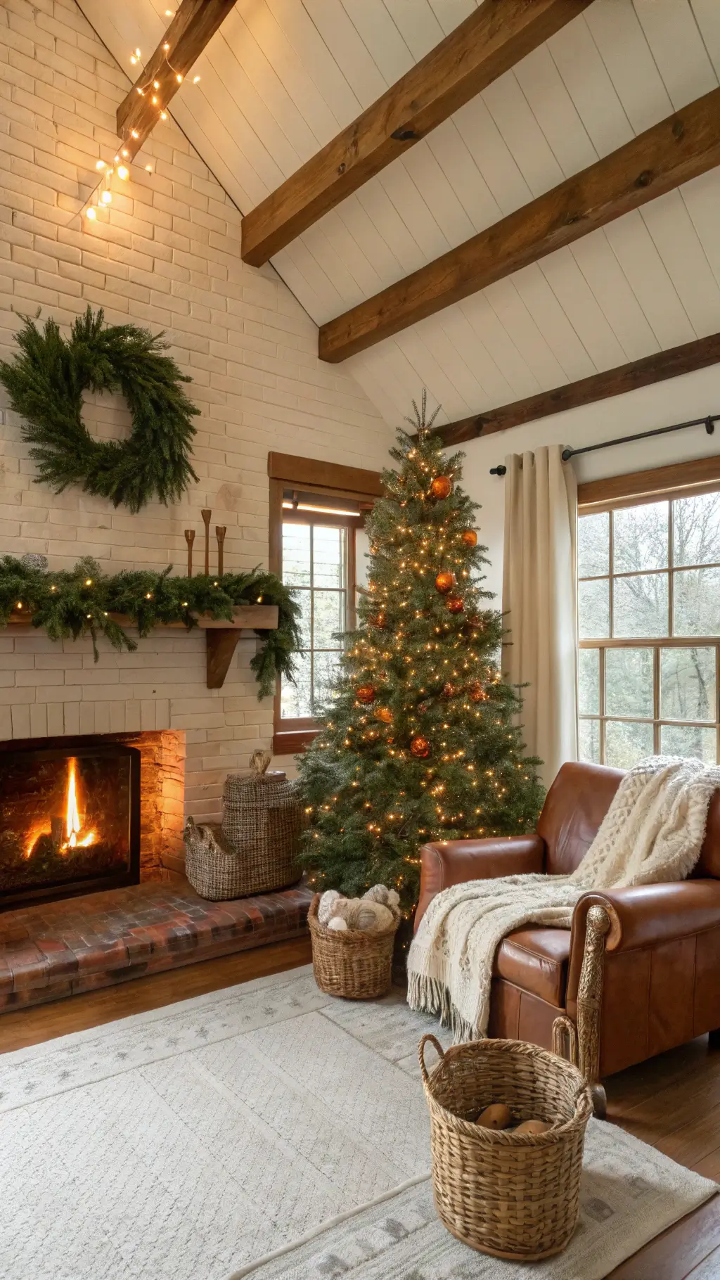 Sunlit living room with rustic wooden beams and vintage Christmas decor
