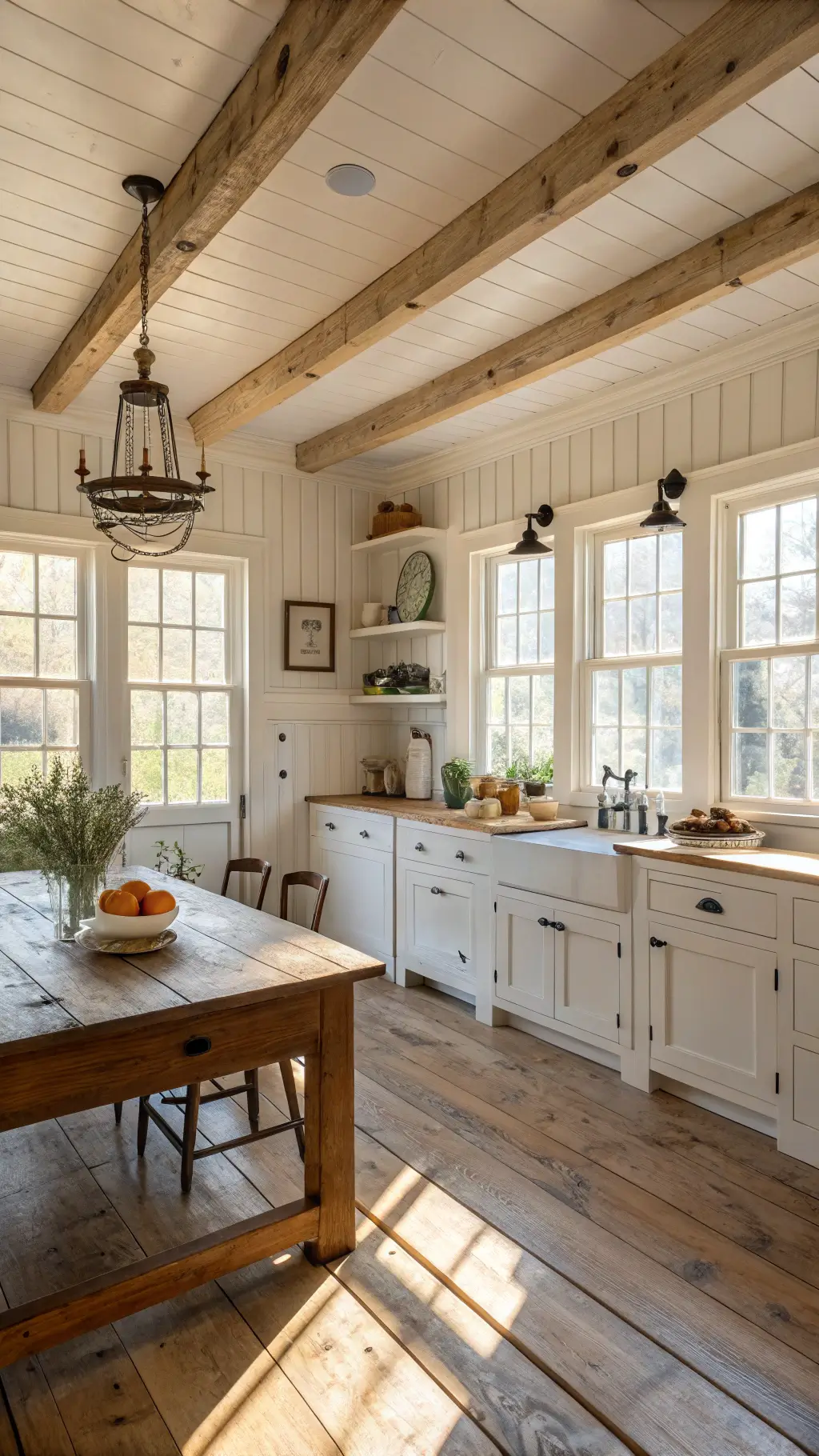 Sunlit vintage farmhouse kitchen with exposed wooden beams, whitewashed walls, creamy cabinets, copper pots, blue hutch, and harvest table adorned with wild Queen Anne's lace.