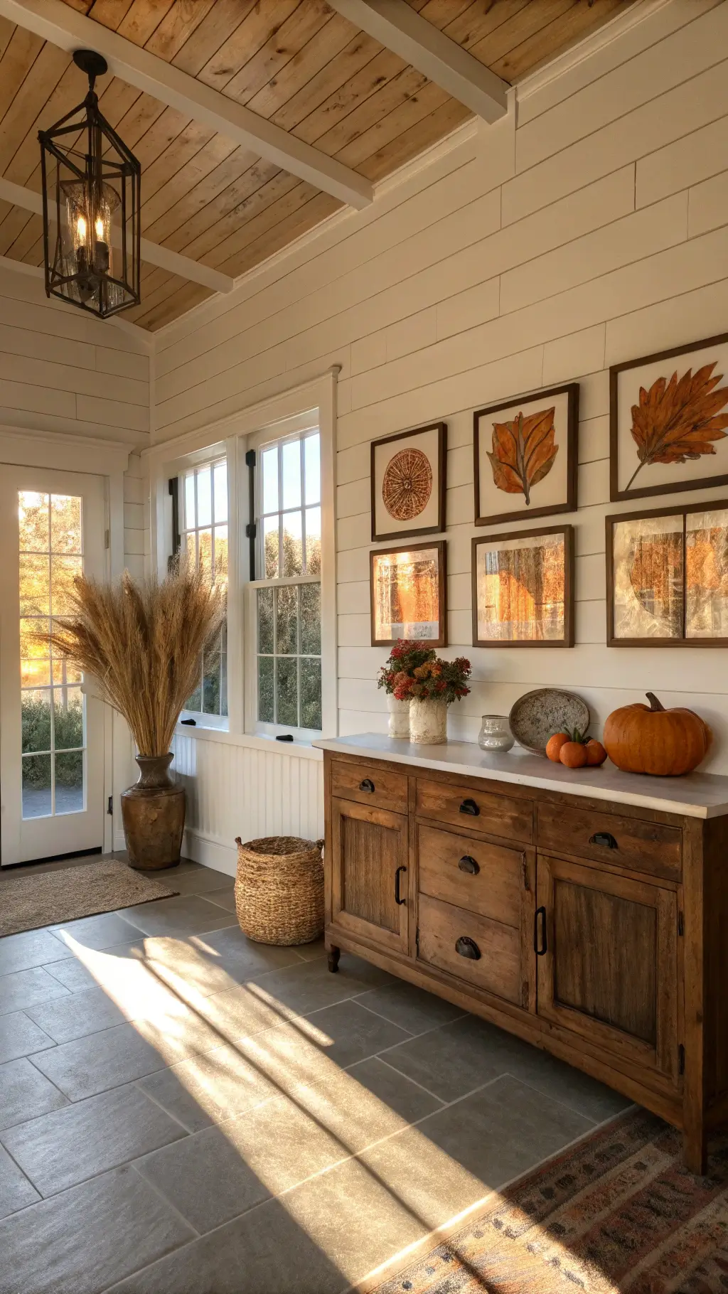 Sunlit farmhouse kitchen with pumpkin artwork, vintage sideboard, dried wheat arrangements, and warm autumn-hued decor.