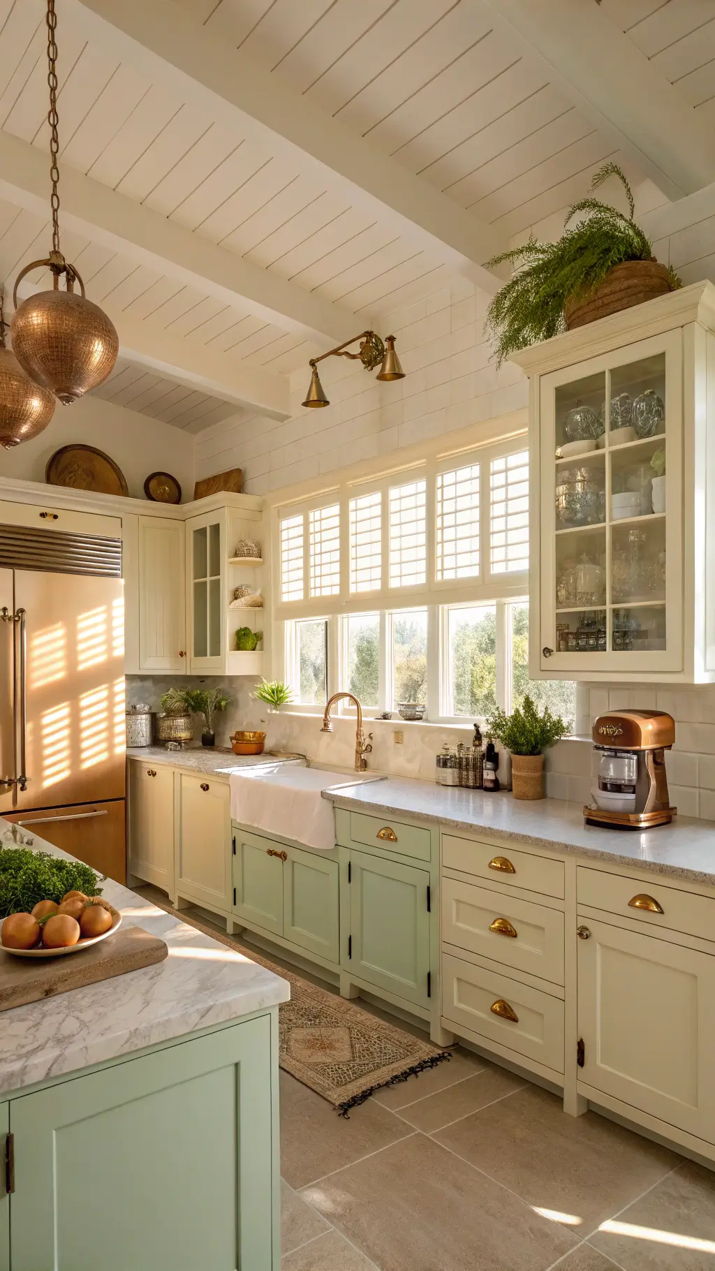 Modern vintage kitchen with cream shaker cabinets, mint-green SMEG appliances, marble countertops, and antique accents