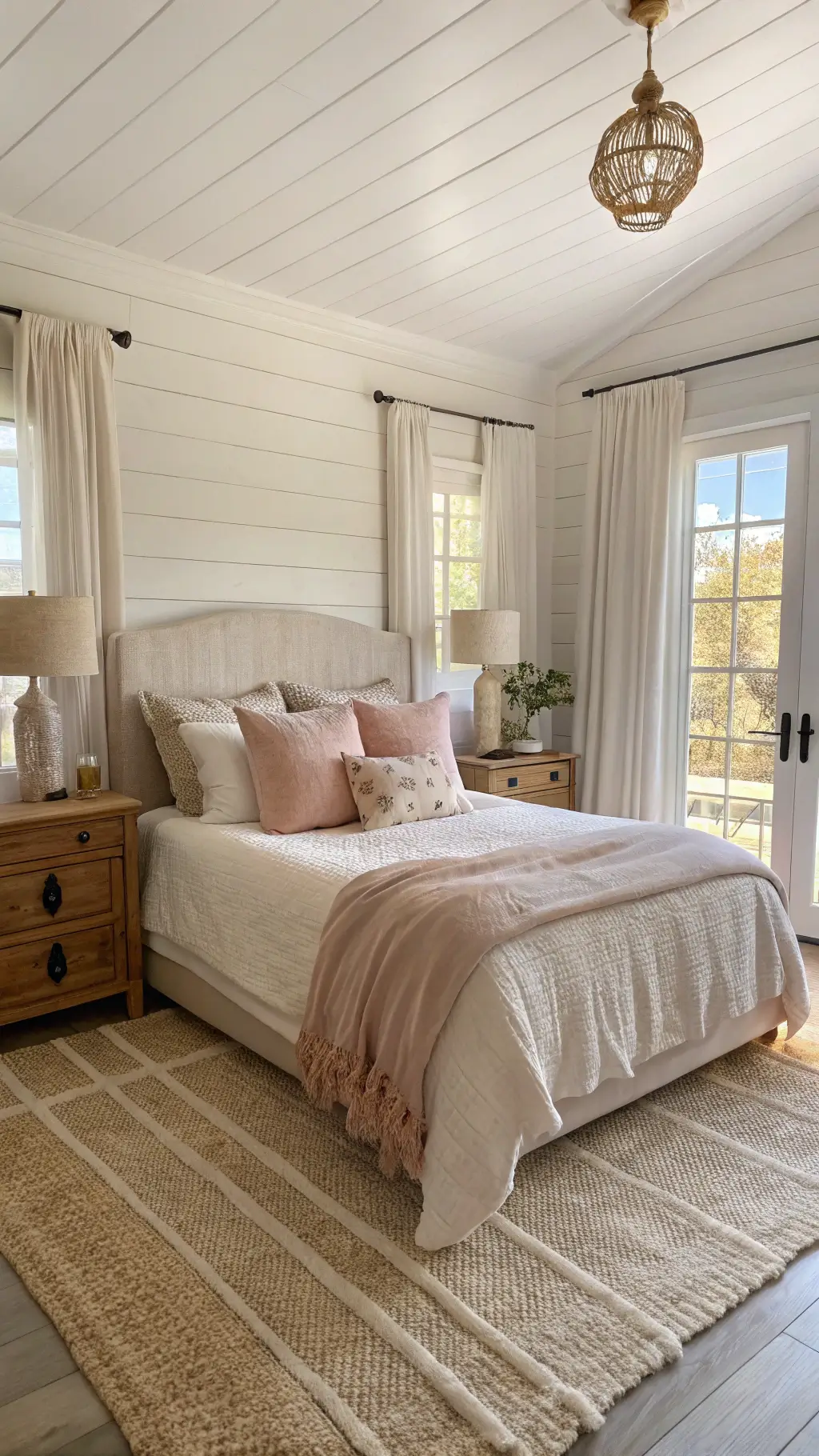 Cozy bedroom with warm lighting and textured bedding
