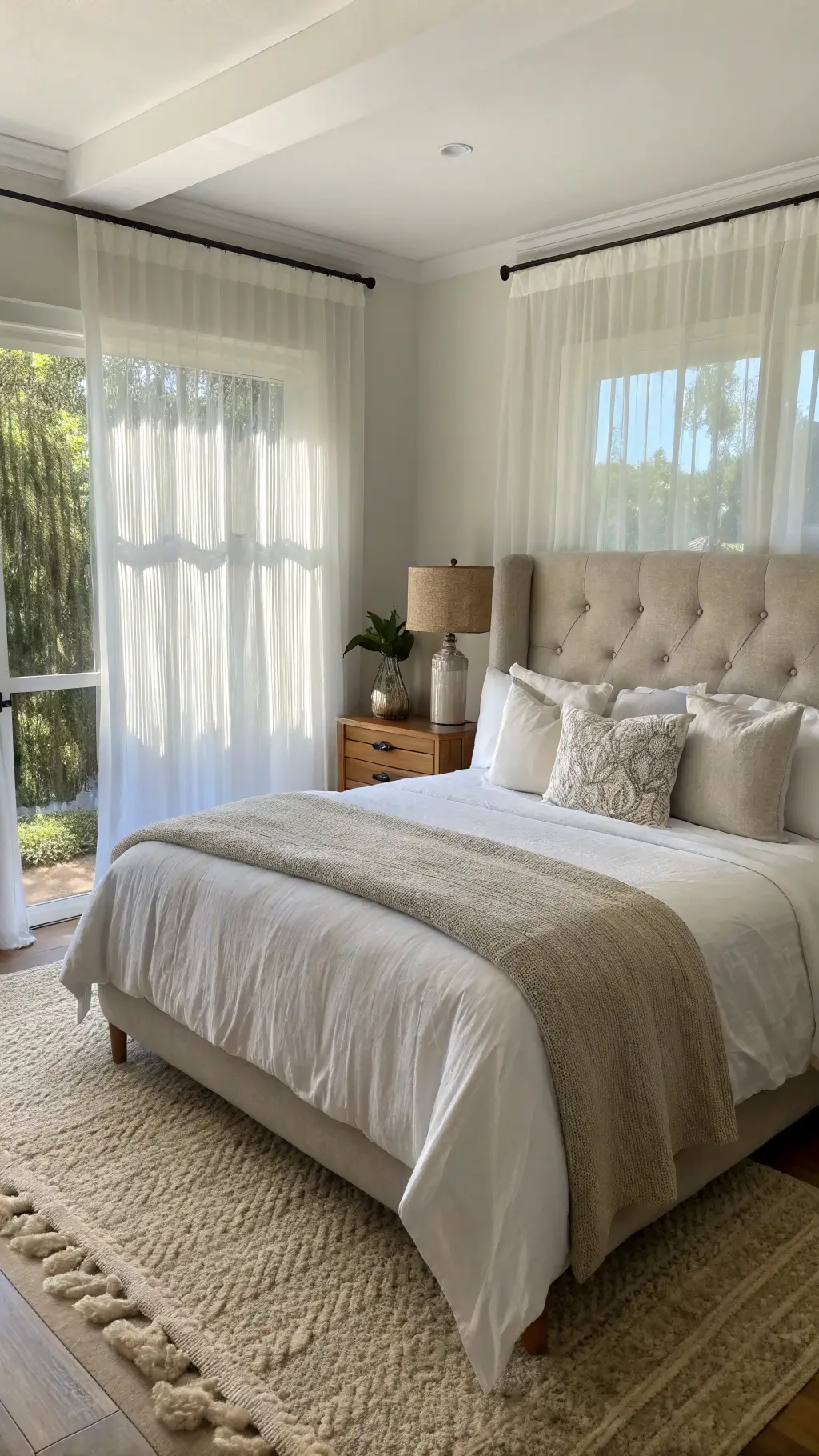 Guest room bathed in soft afternoon light through sheer white curtains, featuring a queen bed with crisp linens, gray and cream pillows, a matching throw, oak nightstands, and ceramic lamps glowing in warm natural light.