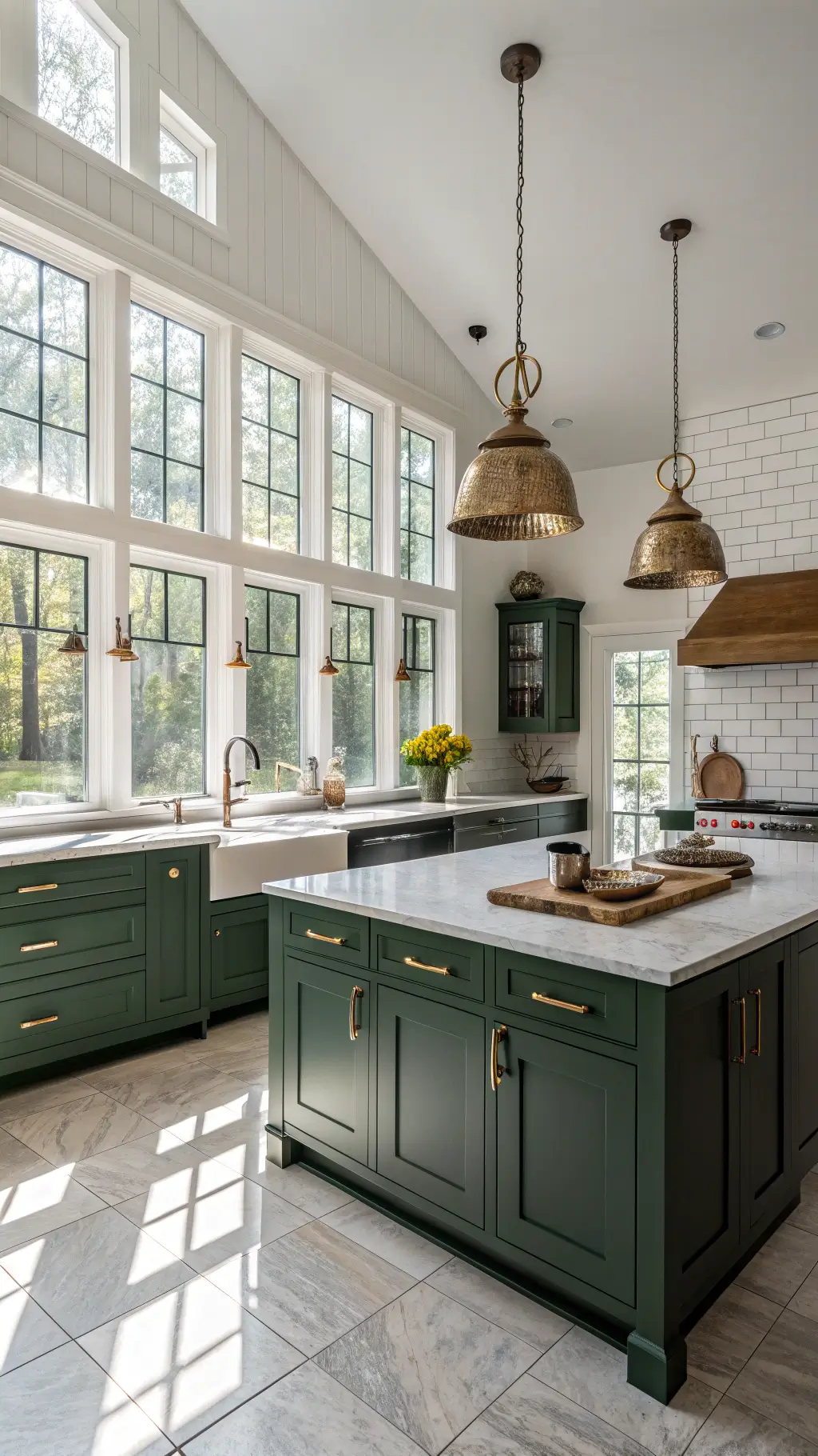 Spacious kitchen illuminated by morning sunlight through tall windows, featuring hunter green shaker cabinets, Carrara marble countertops, weathered oak island, and white subway tile backsplash