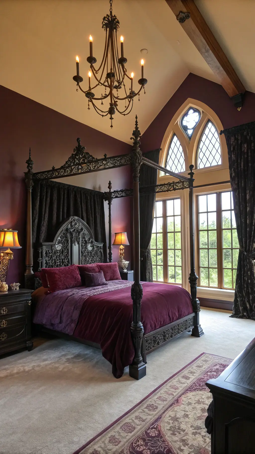 Gothic bedroom featuring a four-poster bed, draped windows, and vintage decor bathed in warm golden light.