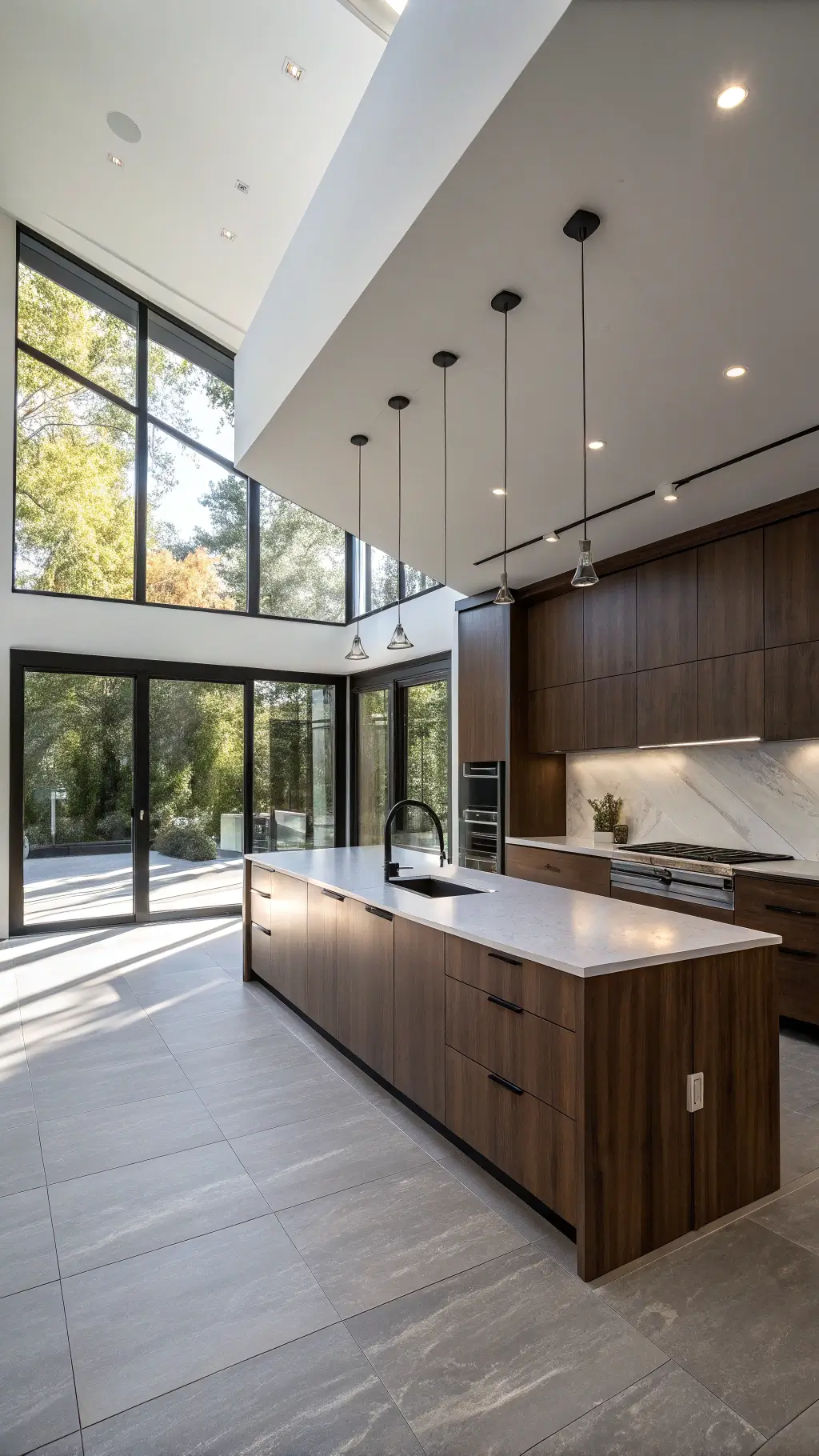 Supreme White StratusQuartz | Stratus Surfaces Minimalist dark kitchen with walnut slab cabinets, <a href=